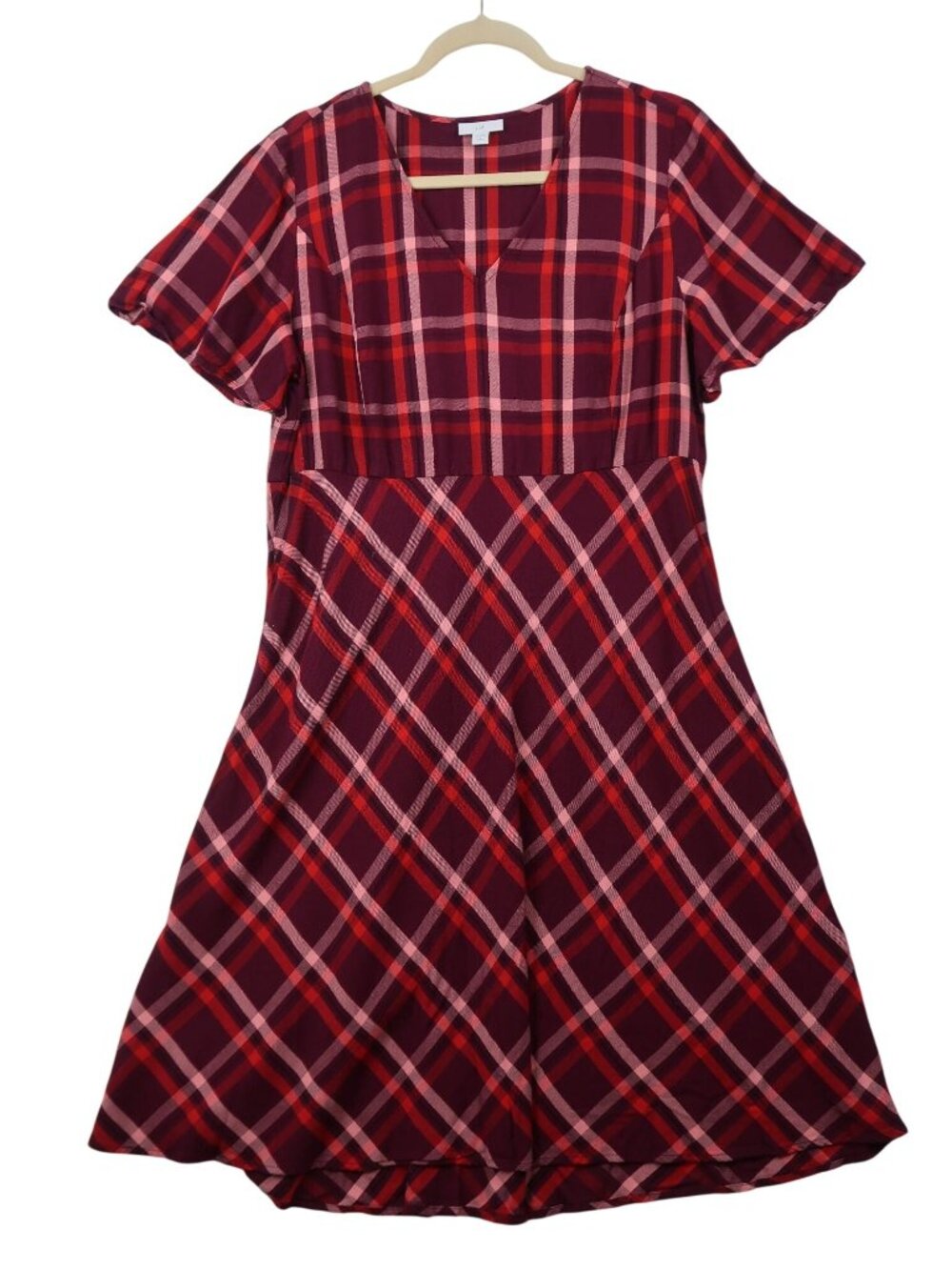 J.Jill Womens L Petite Burgundy Plaid Dress Short Sleeve Midi Fall Academia
